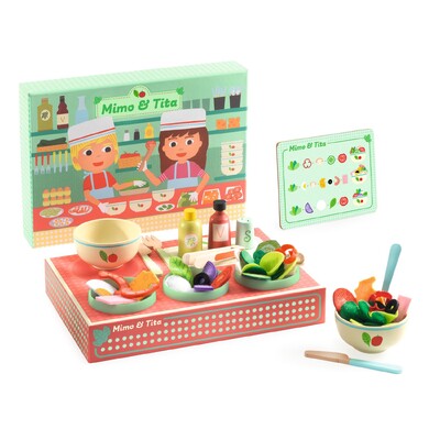 Buy Djeco Mimo and Nina Salad Bar Pretend Play Set wholesale at Kaleidoscope Australasia Pty Ltd