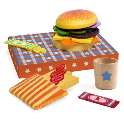 Buy Djeco America Burger Pretend Play Set wholesale at Kaleidoscope Australasia Pty Ltd