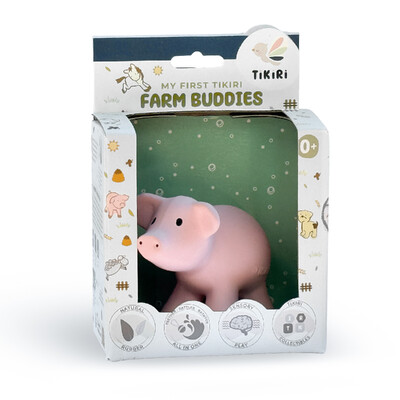 Buy Tikiri Pig Rubber Teether Rattle & Bath Toy in Retail Box wholesale at Kaleidoscope Australasia Pty Ltd